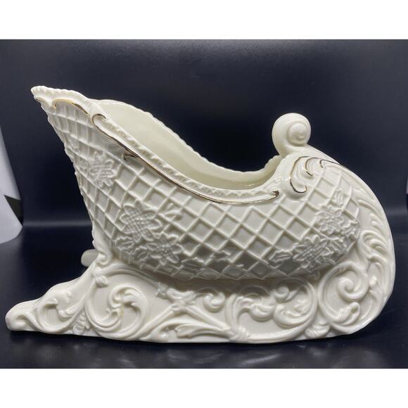 Palm Tree Company Sleigh: Christmas Holiday Décor Ivory White Gold Leaf‎ Trim - Picture 5 of 16